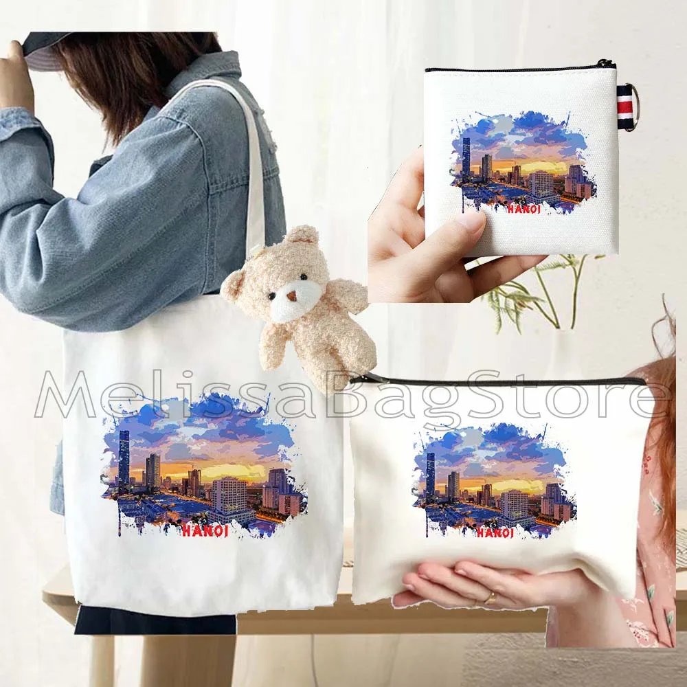 4PCS Gifts Set Hanoi Vietnam White Canvas Tote Bag Handbag with Doll Key Coin Purse Cosmetic Makeup Toilet Bag Case Pouch