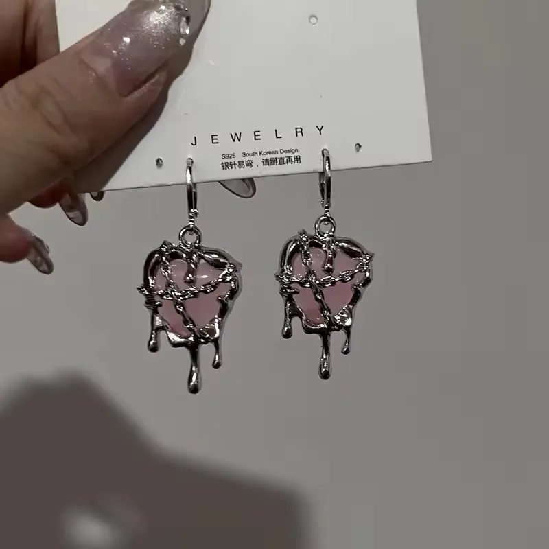 Y2K Gothic Creative Liquid Metal Love Heart Zircon Pendant Earrings for Women Punk Hip-hop Tassel Earrings Fashion Jewelry Gift