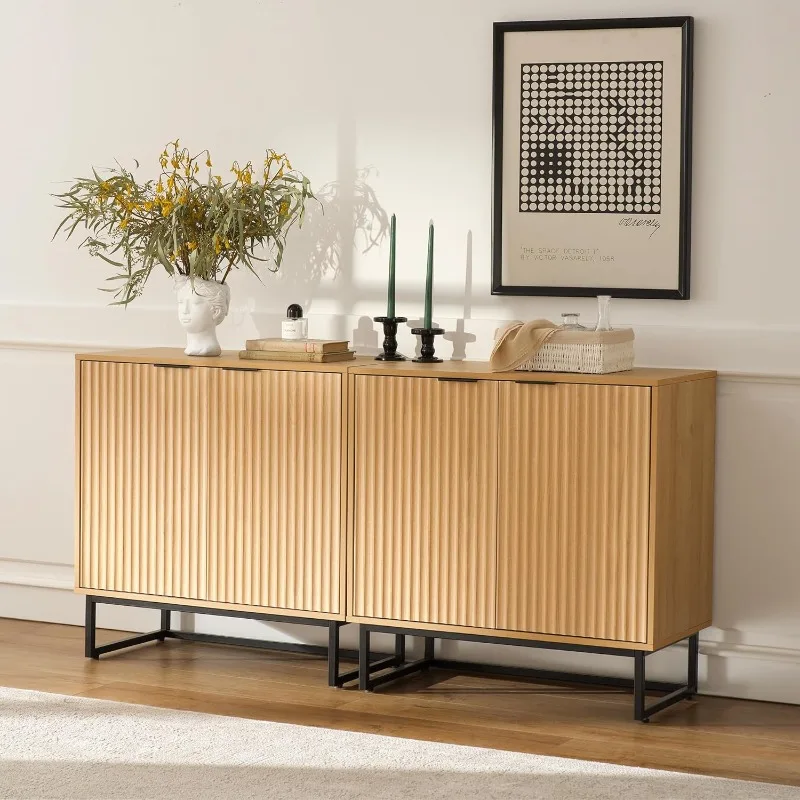 Fluted Storage Cabinet Set of 2,Sideboard Cabinet with Adjustable Shelves,Multifunctional Console Table