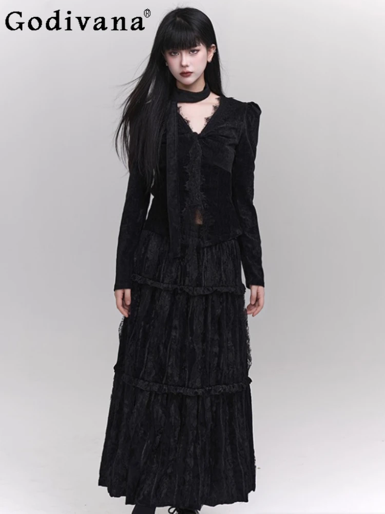 

Spring Autumn New Fashion Personality Black Elegant V-Neck Slim Long Sleeve T-Shirt Fashion Girls Lace Chic Irregular Dark Top