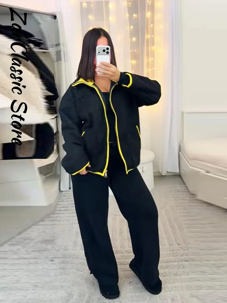 

Casual Contrast Fleece Jacket 2025 Autumn Winter Women Stand Collar Zipper Pockets Full Sleeve Female Coat Lady New in Outwear