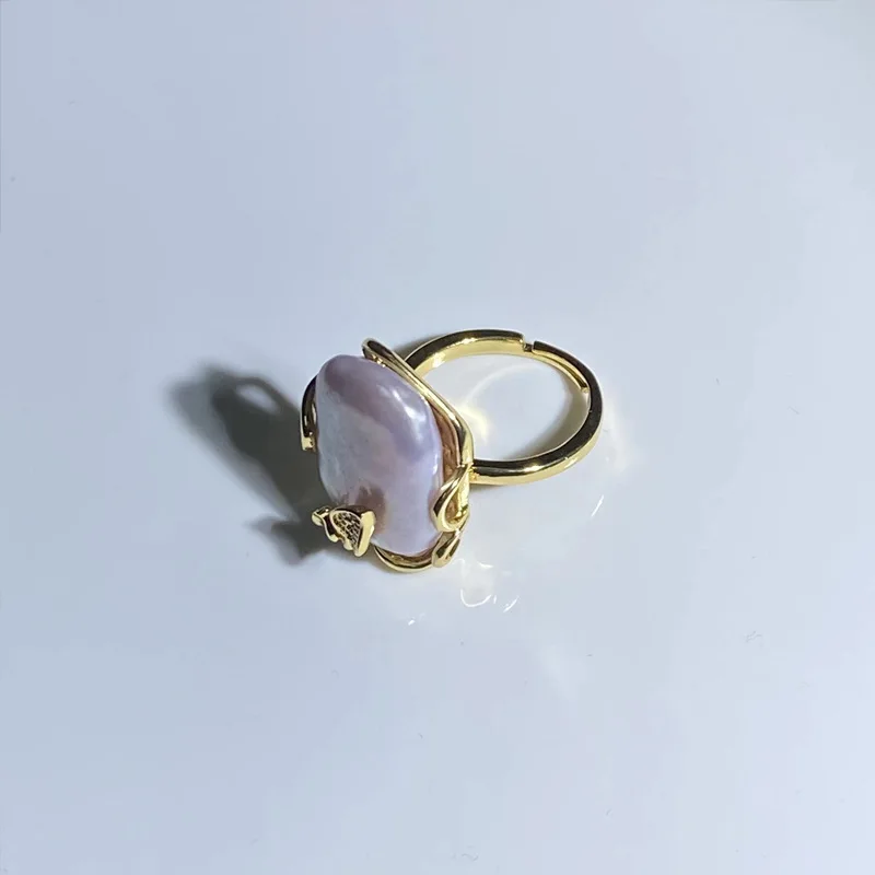 Copper-plated 18K real gold Purple Baroque pearl ring Live open ring holder Niche design ins trendy new products explode