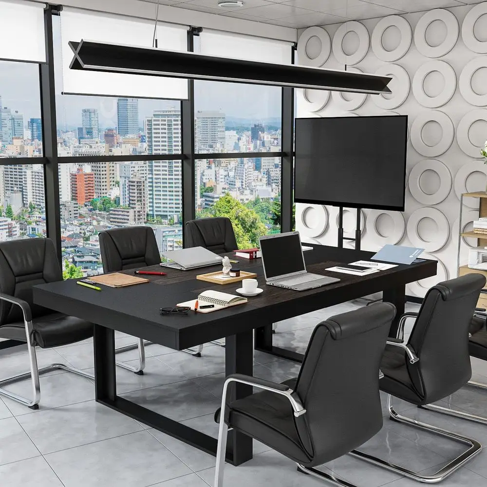 

Conference Table with Black Metal Frame, Rectangular Meeting Office Table Podcast Table, Black and Deep Walnut 86.8W x 47.2D x