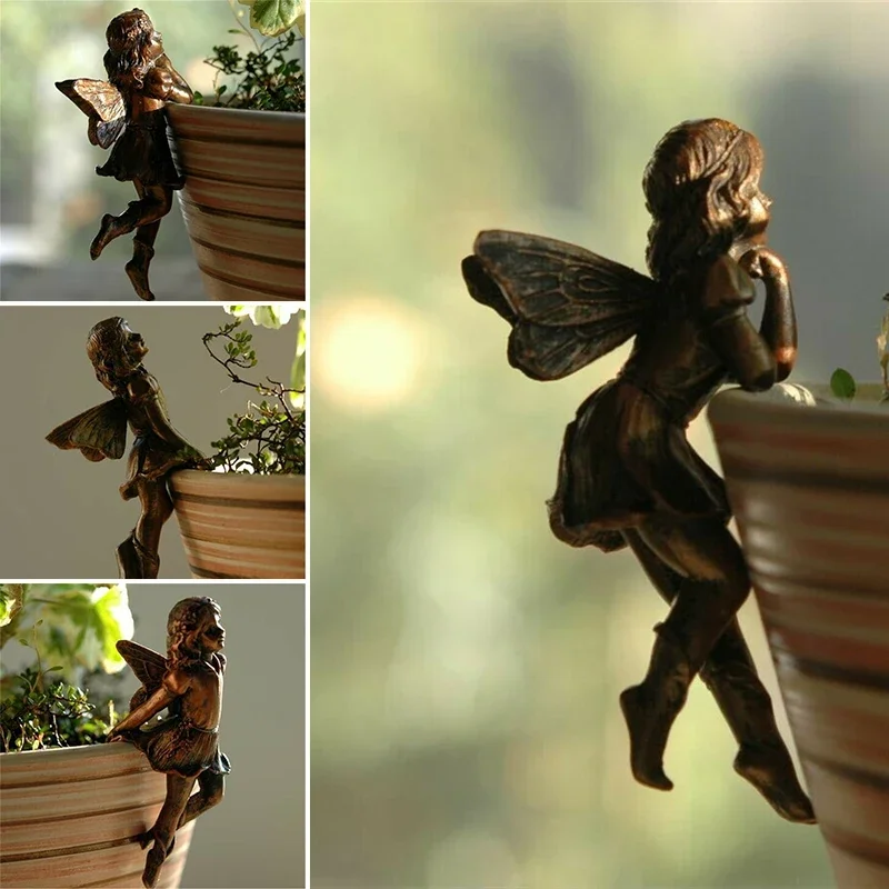 Mini Girl Hanging Cup Resin Decoration Angel Fairy Combination Flower Basket Edge Decor for Garden Design Garden Pot Ornaments