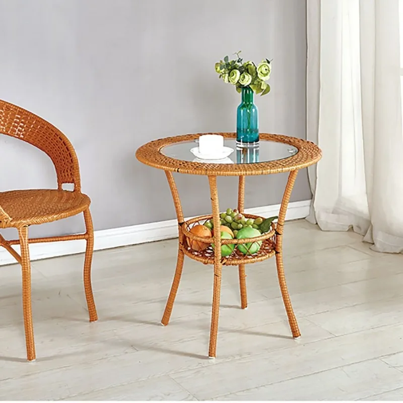 FOR Rattan Tempered Glass Coffee Table Simple Balcony Casual Storage Round Table Small Coffee Table Casual