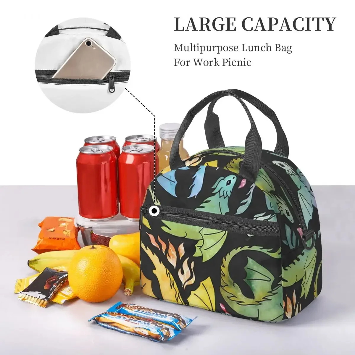 Dragon Fire Dark Rainb Insulated Lunch Bag for Women Picnic Storage Food Boxes Portable Cooler Thermal Lunch Box Tote