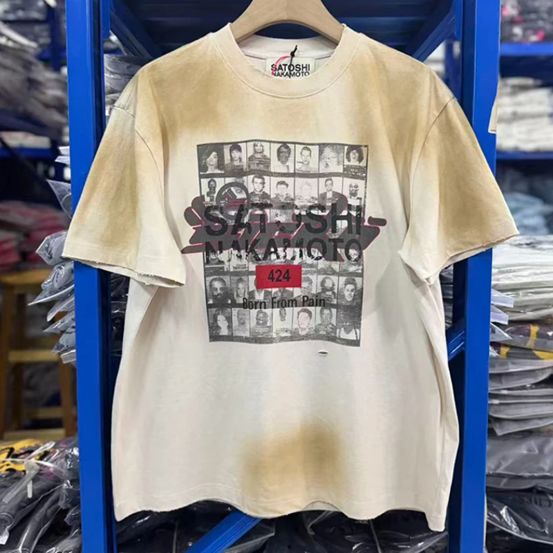 SATOSHI NAKAMOTO Faded Dirty Wash Crew Neck Tee Photo Collage Print Small Hole Detail Men Top