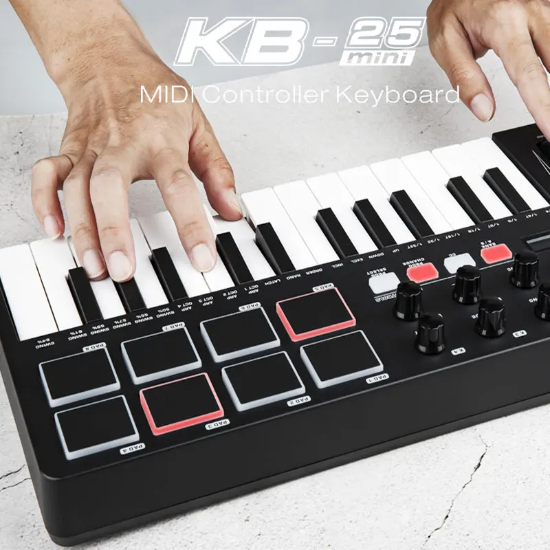 KB-25 MIDI Keyboard 8 Velocity-sensitive Pads 8 Custom Knobs Built-in Arpeggiator Modulation Wheel MIDI Keyboard Controller