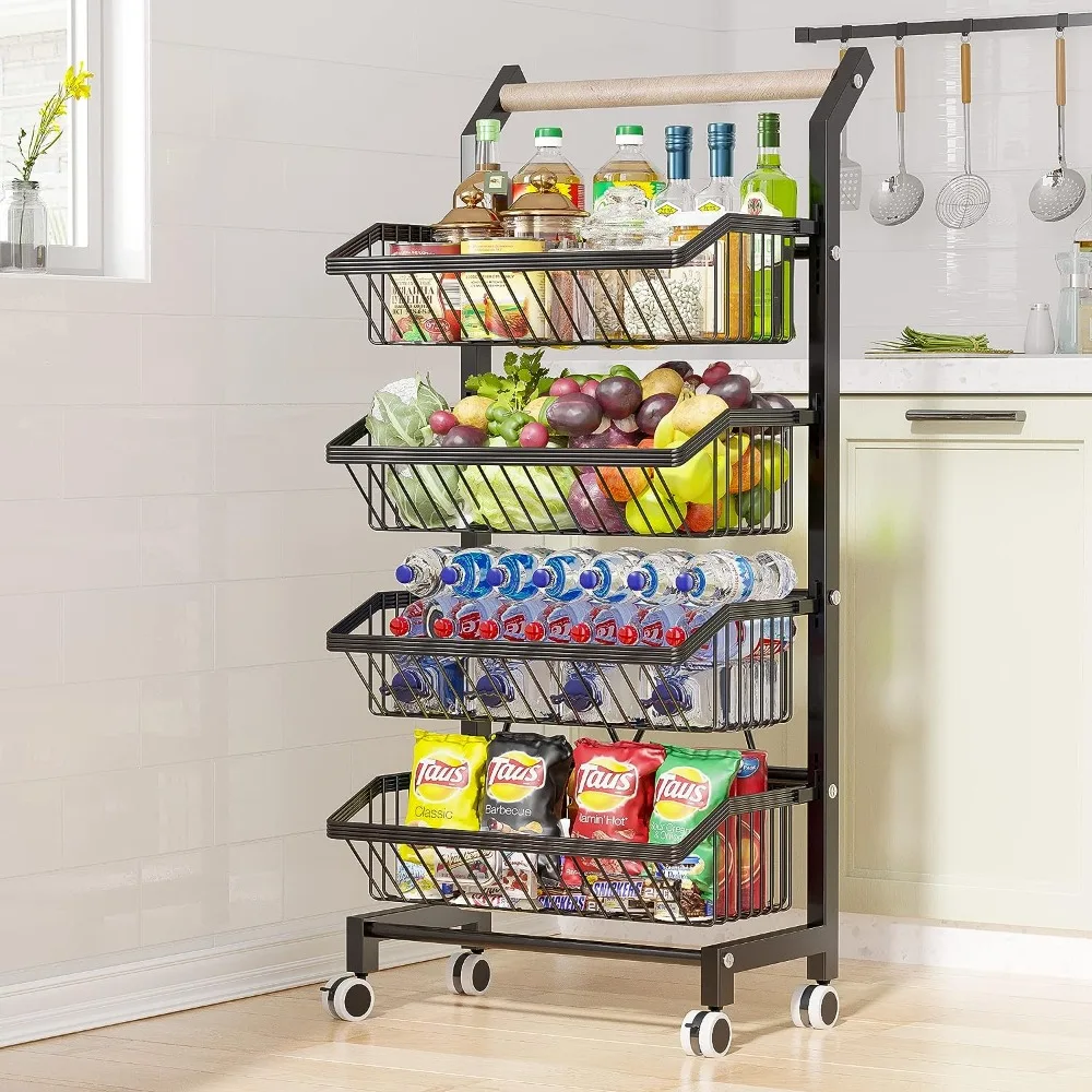 

Wheels 4-Tier Adjustable Fruit Rack Fruit Vegetable Basket Cart Metal Wire Storage Cart Rolling Pantry Utility Kitchen Cart