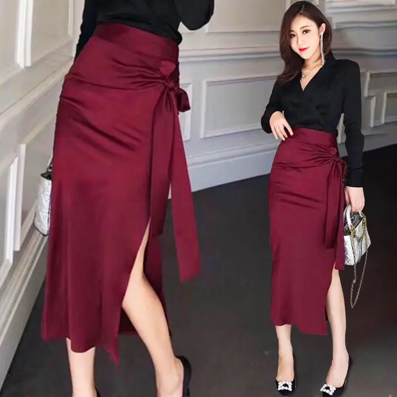 Women's Summer Skirt Korean Style Elegant Satin High Waist Sexy Skirt Temperament Wine Red Slim Fit Skirts Woman Fashion 2026