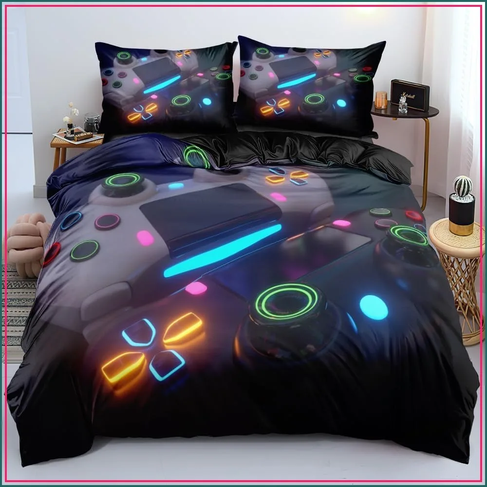 Queen Black Gaming Bedding Set - Duvet Cover, Comforter Cover & Pillowcases, RGB Controller Design