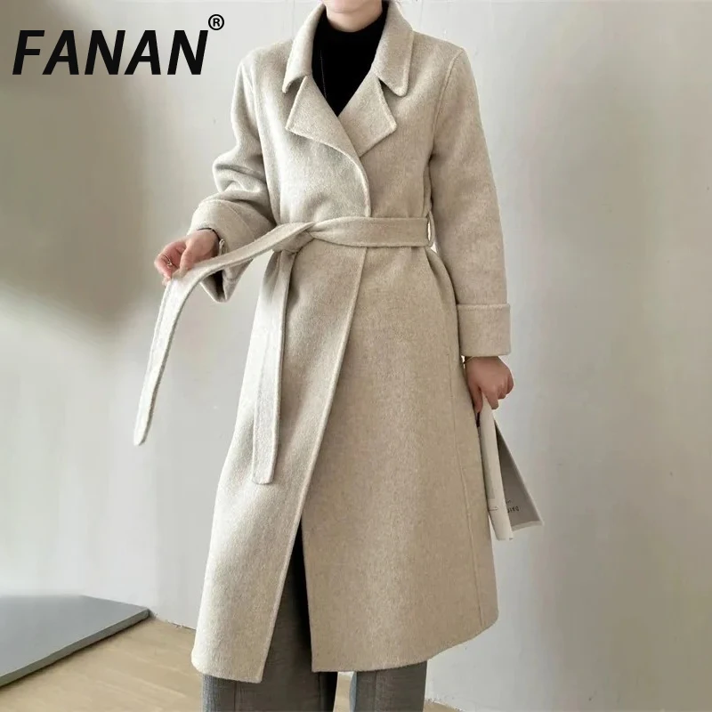 

FANAN Suit Collar Women's Double-faced Woolen Coat Tie Double Layer Rolled Sleeves Long Sleeve 2025 New Winter Cardigan Clothing