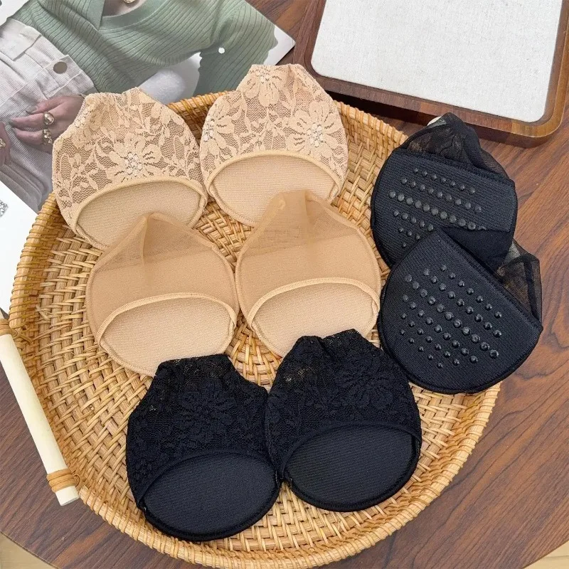 Women Invisible Heel Socks, Anti-Slip Silicone Dotted Forefoot Half Socks, Polyester Cushion Pads for High Heels, Black