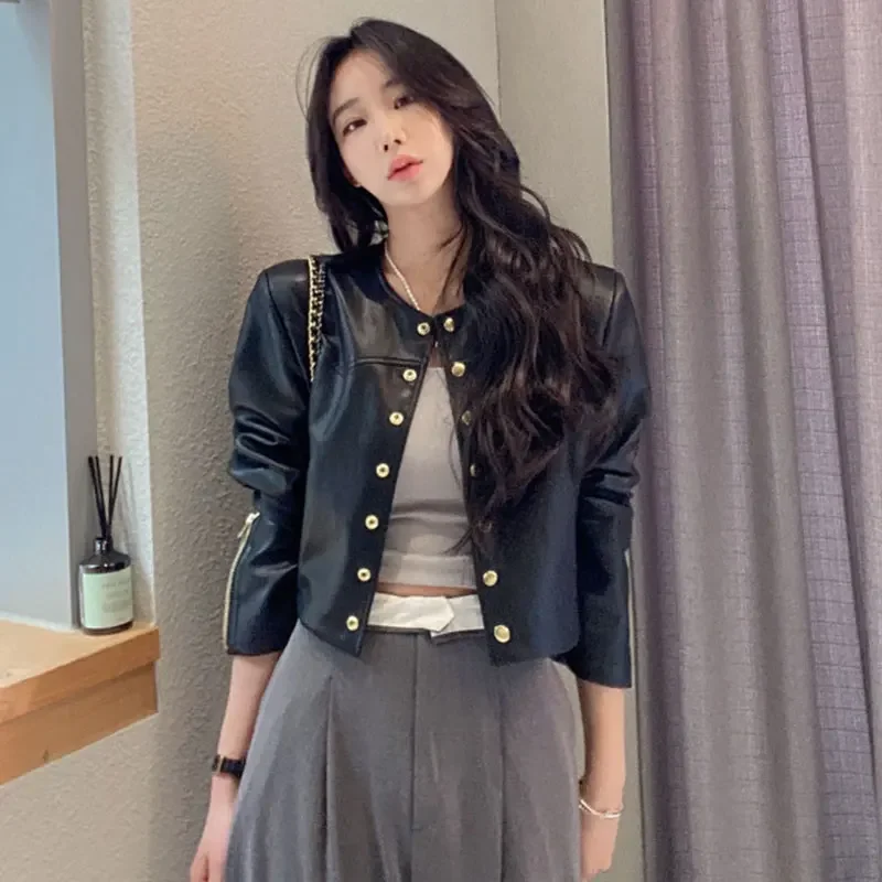 Korean Chic Spring Retro PU Leather Jacket Metal Buttons Loose Long-sleeved Short Coat Women Simple O Neck Streetwear Tops