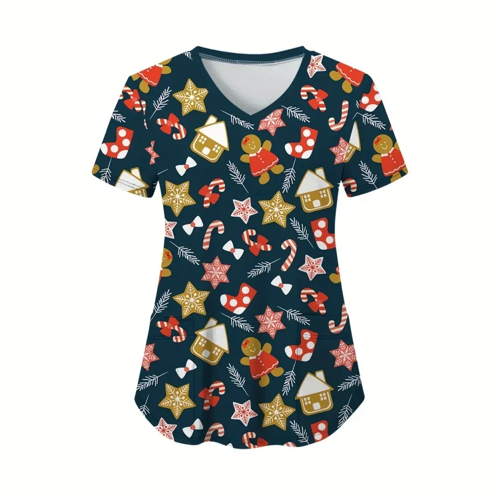 عيد الميلاد المرأة الدعك الجراحية الصيف الكرتون نمط طباعة سبا الخامس الرقبة ممرضة الدعك الموضات الطبيب البيطري ممرضة الملابس امرأة موحدة #3