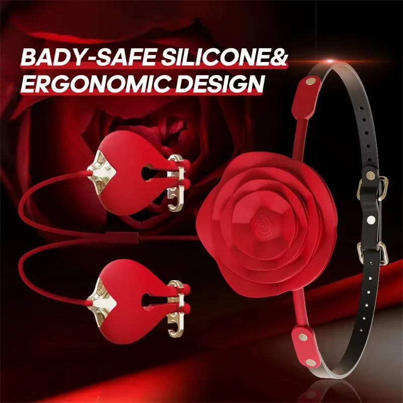 2 in 1 Nipple Clamp Vibrator Rose SM Oral Gag Vibrating Gagging Ball Slave Breast Stimulation Bitch Leash Sexy Toy Female Couple view 4