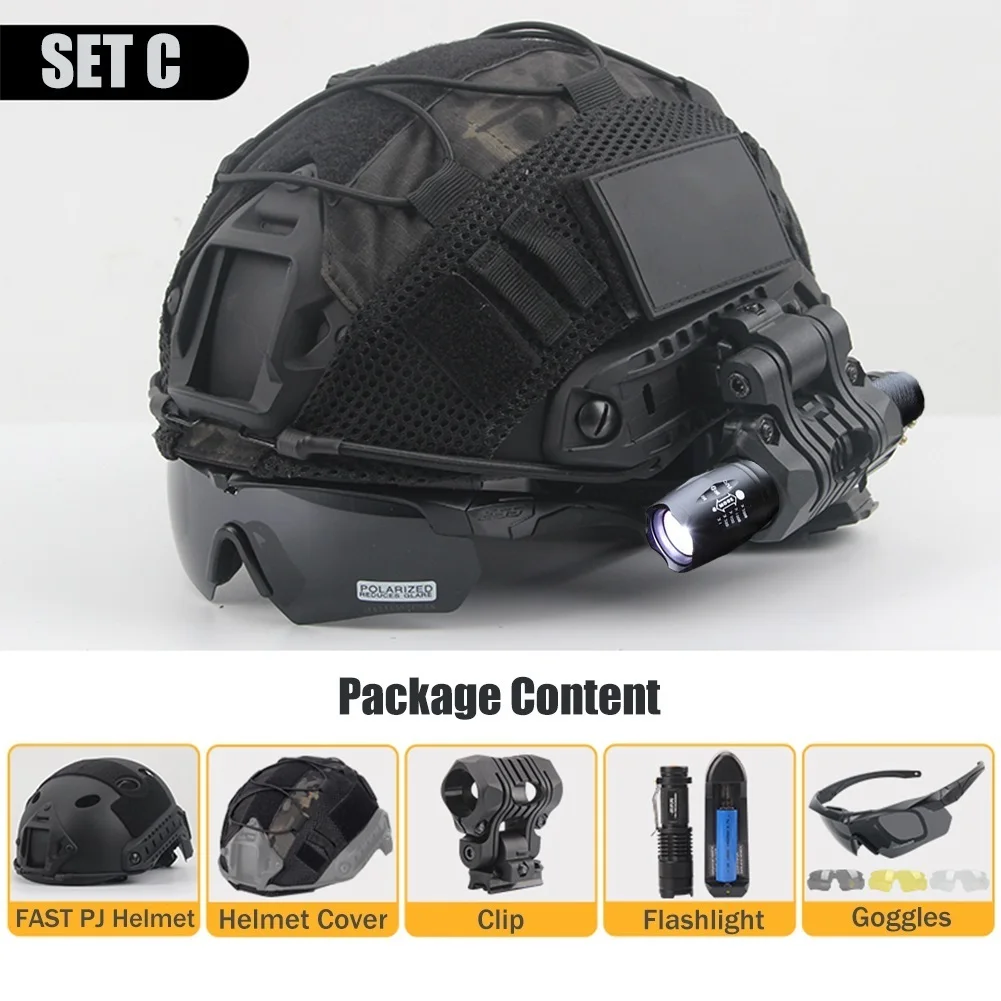 

Tactical Airsoft Helmet Set with Thickened Protection FAST PJ Helmet,Helmet Cover,PVS-14 Mount,Torch,Goggles,Helmet Signal Light