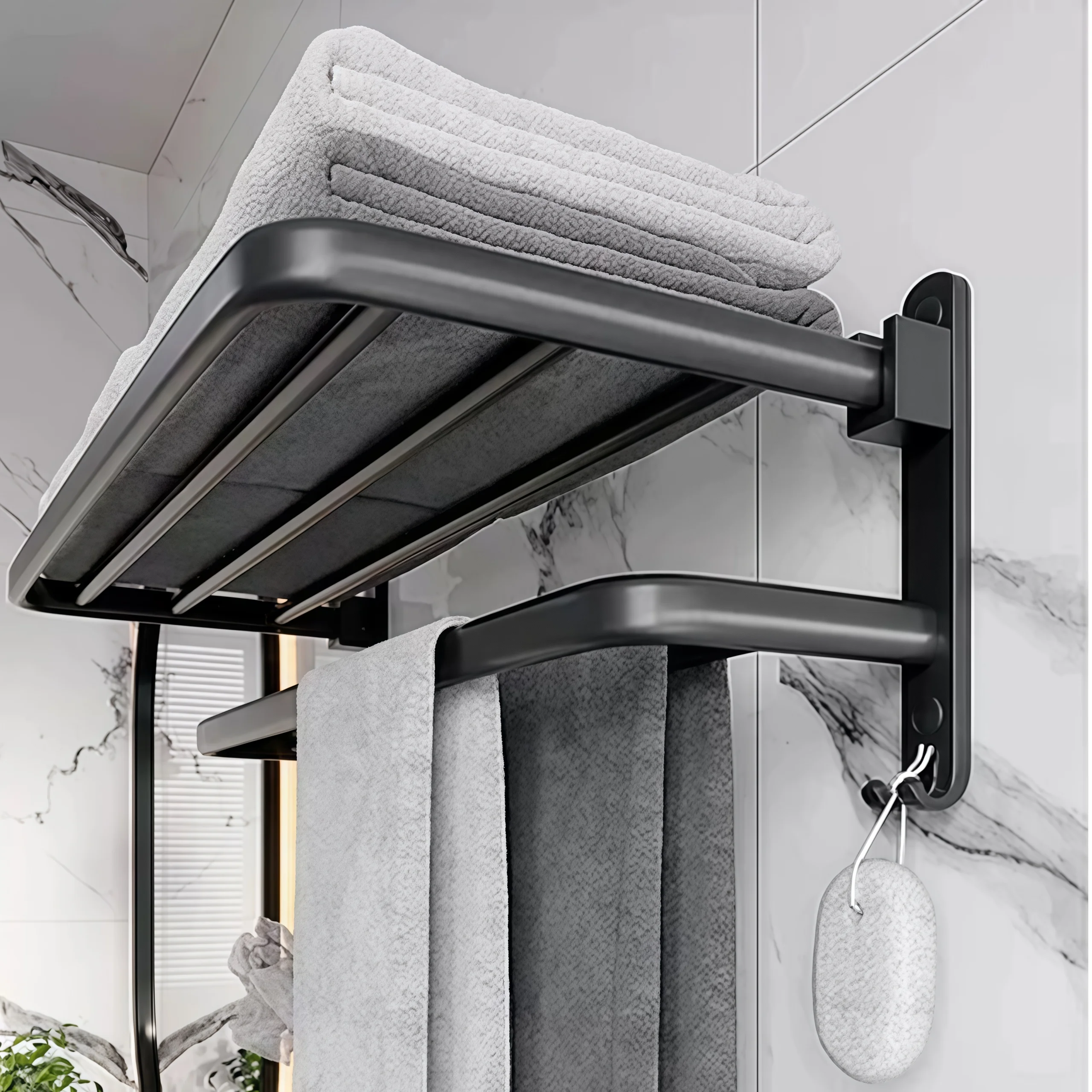 

Non perforated towel rack, bathroom storage rack, wall mounted storage, bathroom towel rack, black bathroom rack
