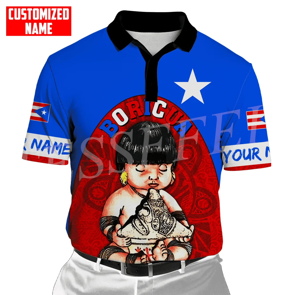 Custom Name Country Puerto Rico Boricua Taino Caribbean Sea Tattoo 3DPrint Summer Casual Polo Shirts Short Sleeves Streetwear X5