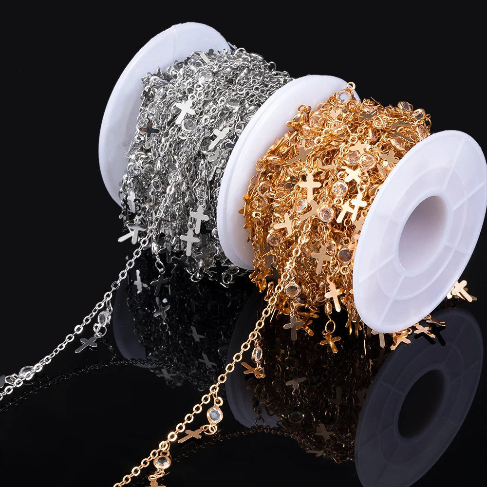 1Meter Crystal Beaded Chain Cross Butterfly Flower Charm Link Chain Copper Chains for DIY Necklace Bracelet Cloth Jewelry Making
