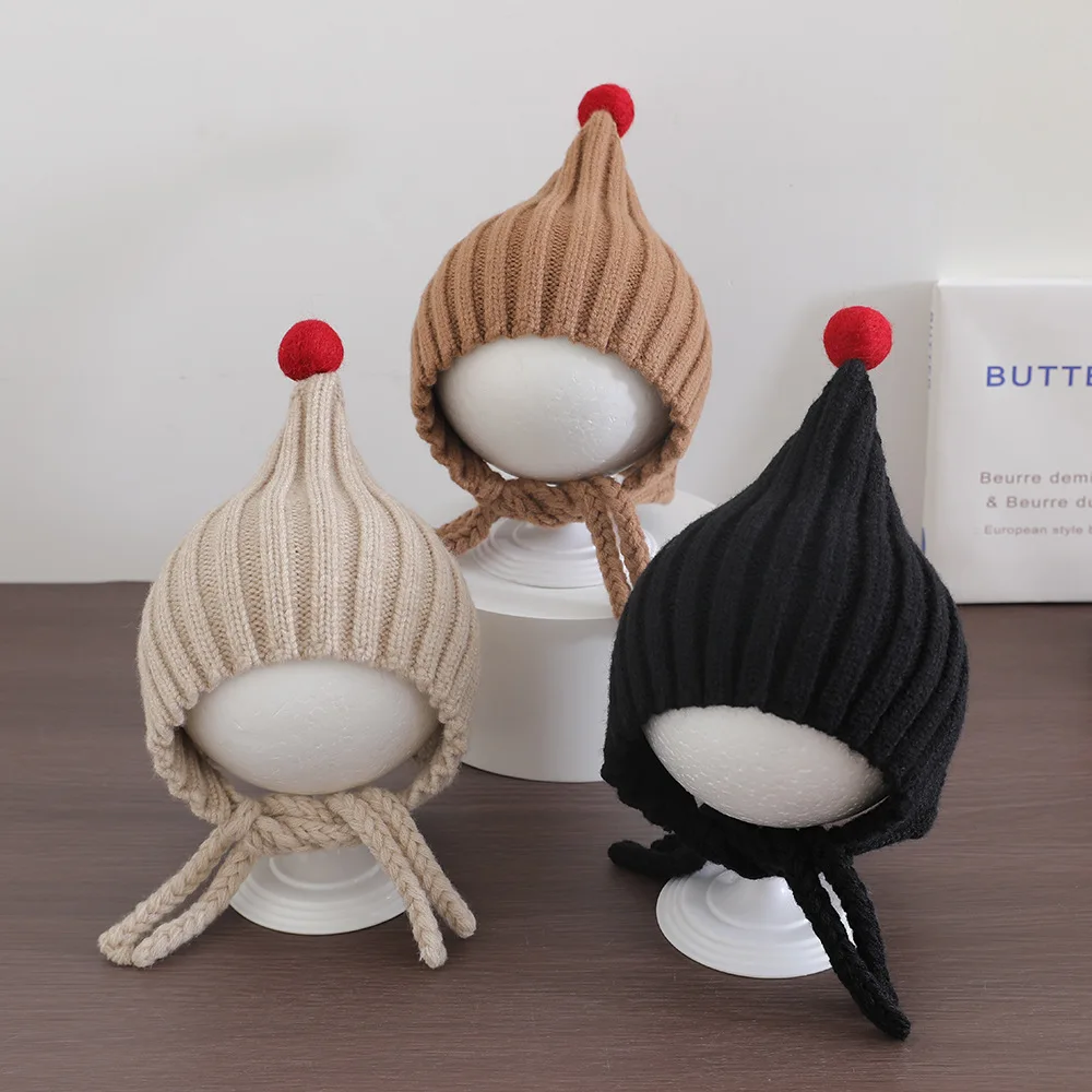 

1-3Years Children's Hats Winter Double Layers New Fashion Knitted Boys and Girls Baby Ear Hat Pom Pom Hats Baby Hat Baby Stuff