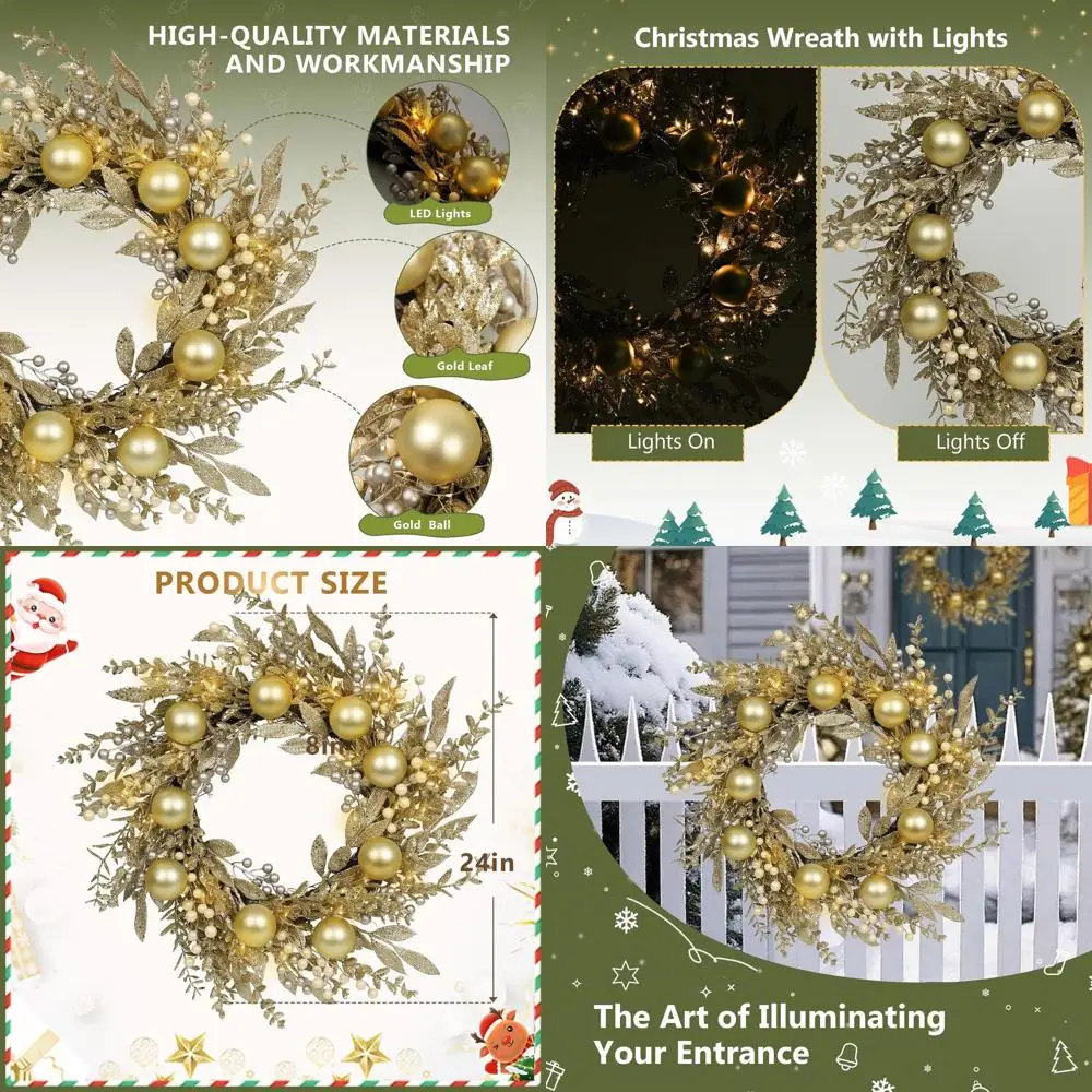 

Искусственный рождественский венок с золотым шаром и белыми ягодами со светодиодной подсветкой для декора дверей и окон