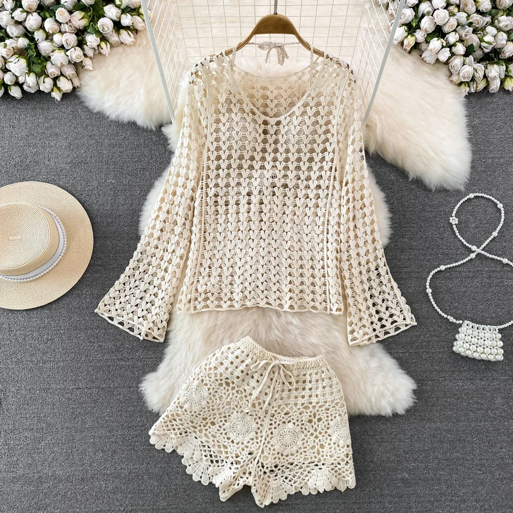 

Seaside Holiday Fashion Suits Women's Hollow Out Crochet Sets Women Holiday Beach 3pc Sets