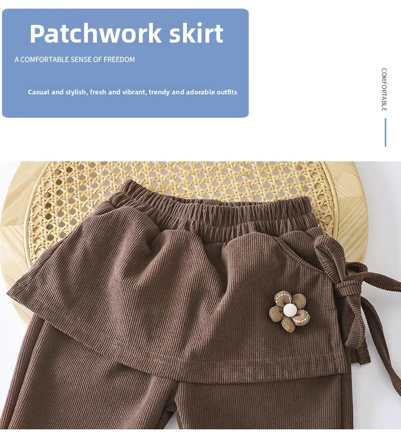 Frühling Herbst Winter Neue Mädchen-Hose mit Fake-Two-Piece-Effekt Schmal Geschnittene Hochtaillierte Rockhose für Kinder Leicht Ausgestellte Hose – Detail 5