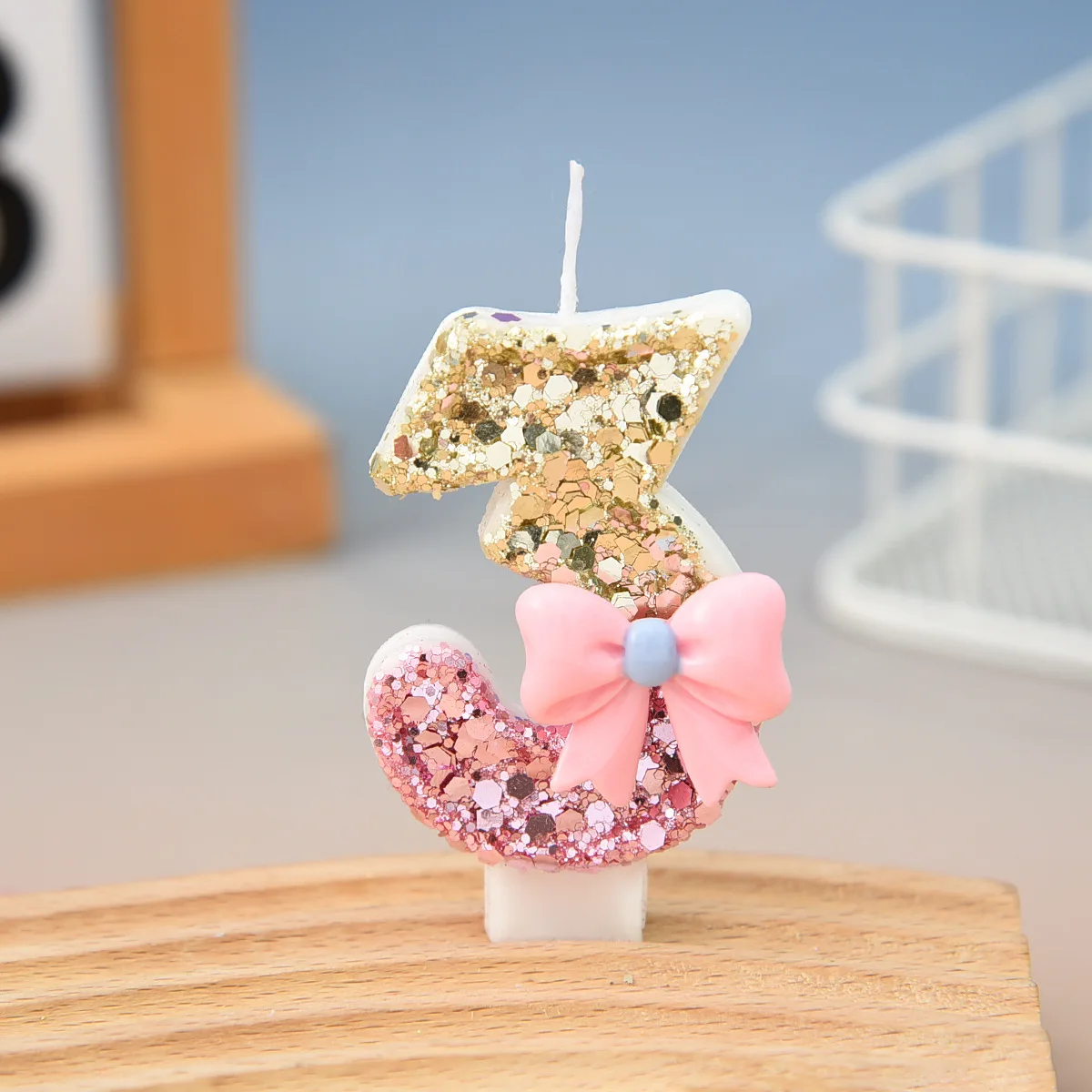 Pink Champagne Color Color-blocked Digital Candle, Pink Bow 7.5cm Birthday Candle, Festival Party Dessert Cake Atmosphere Plugin