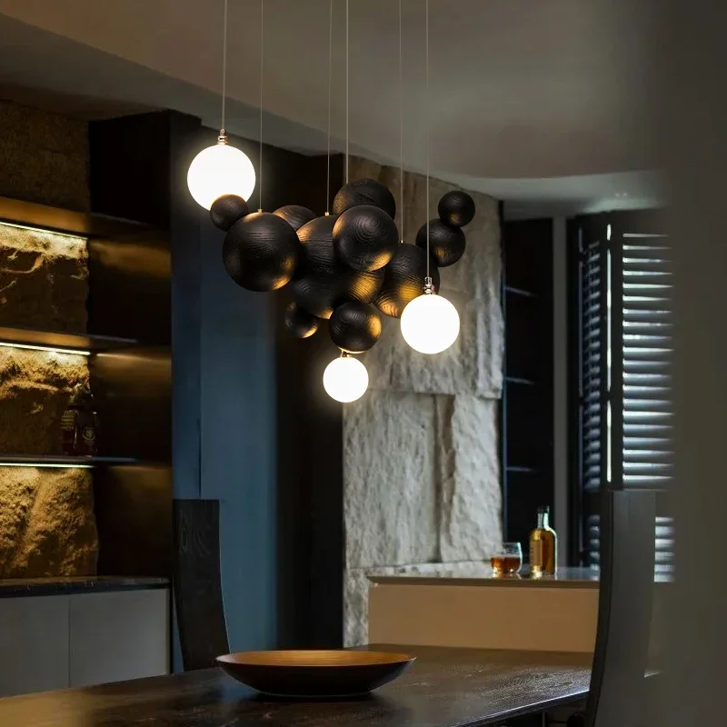 Designer's Solid Wood Pendant Light Creative Art Kitchen Restaurant Hanging Lamp New Chinese Hotel Wooden Ball Bar LED Lighting