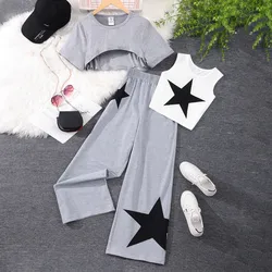 kid 3 Pcs Set Teens Girls Clothing Short T-shirt+Tank top+Pant13 14 15 16 Years Summer Casual Star Children Daily Holiday Outfit