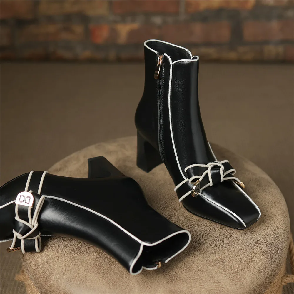 Dilalula 2025 French Style Genuine Leather Butterfly Knot Ankle Boots Women Thick High Heels Office Ladies Autumn Party Boots - Image 4