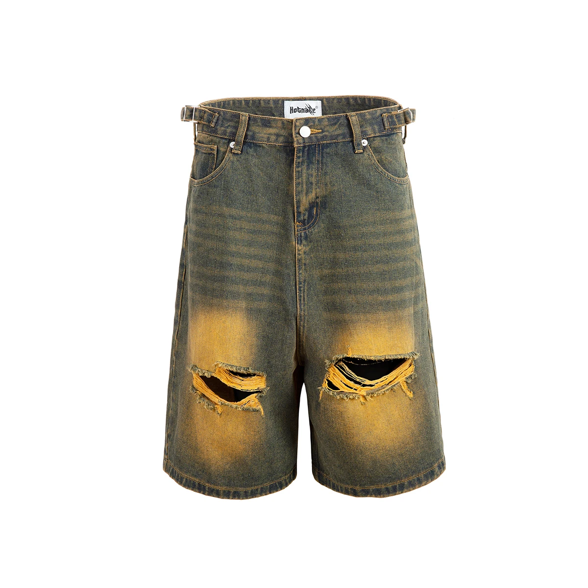 

Ripped Hole Washed Yellow Mud Baggy Jeans for Men Straight Distressed Ropa Hombre Casual Denim Shorts Oversized Five Point Pants