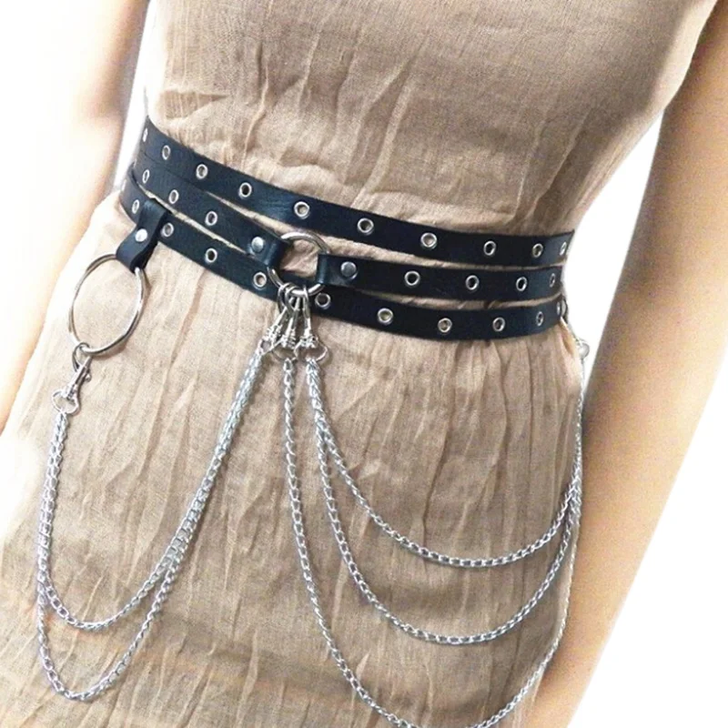 Women's Dress Waist Chain Multi Loop Black Thin Belt Fashion Rivet Decoration Lengthened Belt