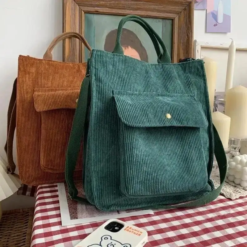 1 Pcs Corduroy Shoulder Bag Women Vintage Shopping Bags Zipper Girls Student Bookbag Handbags Casual Tote With Outside Pocket