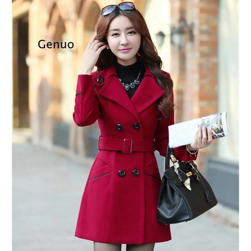 

M-3XL Autumn Spring Wool Jacket Women Double Breasted Coats Elegant Overcoat Basic Coat Pockets Woolen Long Coat Top 200