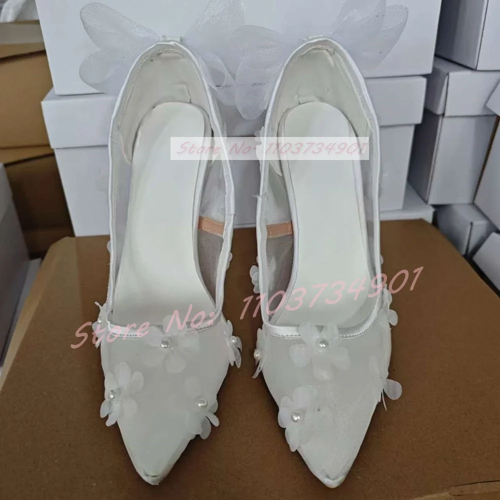 Zapatos de tacón alto de aguja para mujer, calzado elegante con encaje de flores blancas, perlas y lazo, puntiagudos, Sexy, a la moda