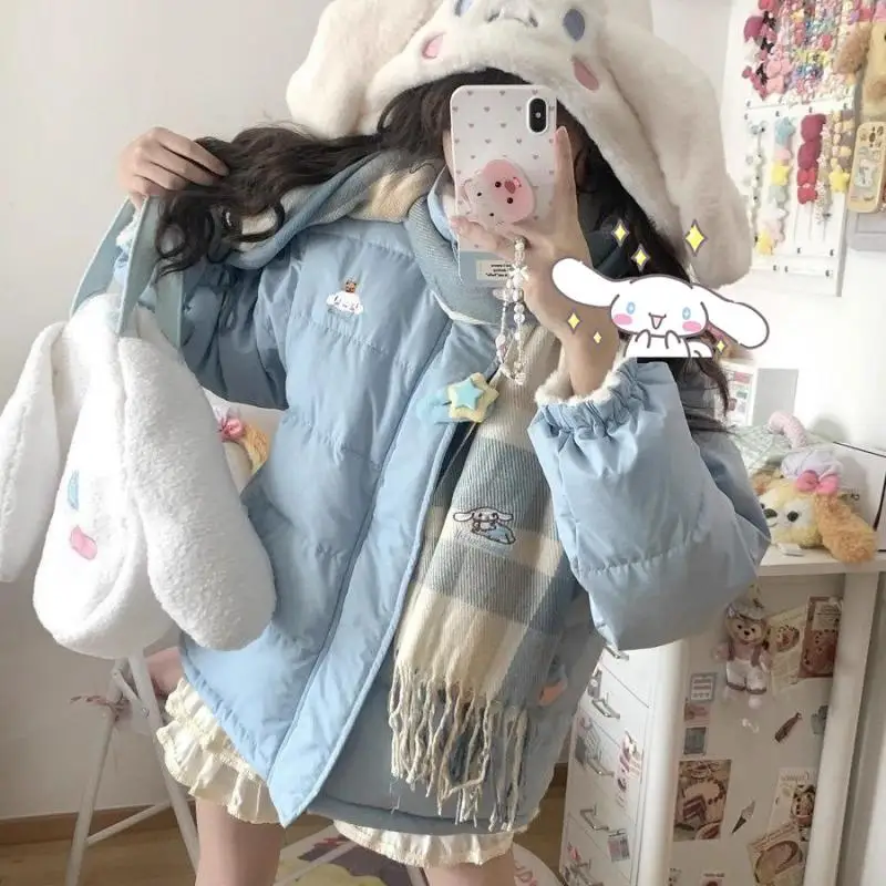 

Sanrioed Cinnamoroll Padded Jacket Kawaii Hello Kittys Women Double-Sided Cotton Coat Plus Velvet Embroidery Tops Christmas Gift