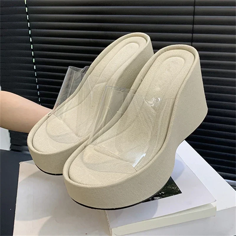 PVC Transparent Open Toe Women Slippers Fashion Solid Platform Wedges Shoes High Heels Casual Party Summer Sandals