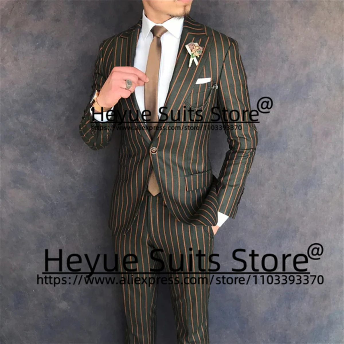 

Business Army green stripe Men Suits Tailor Made Slim Fit Peak Lapel Groom Tuxedos 2Pieces Sets Classic Male Blazers Ropa Hombre