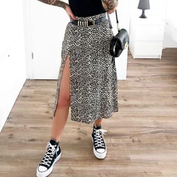 Women High Waist Split Midi Skirt Elegant Ladies Evening Party Club Streetwear Korean Clothing Fashion Summer Leopard Skirt