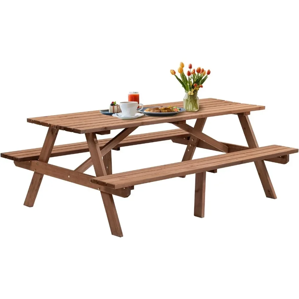 

Wood Outdoor Picnic Table Picnic Tables with Benches and Umbrella Hole, Classic Picnic Table Bench Set for 6 or 8 Person