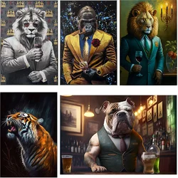 Suit Lion Gorilla Tiger Animal Poster Canvas Print Abstract Art Pet Dog Canvas Painting Living Room Bedroom Wall Art Picture