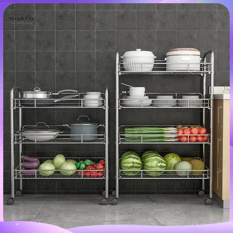 Stainless Steel Kitchen Cart with Wheels Rolling Storage Trolley for Cooking Utensils Spices Vegetables Multifunctional Floor