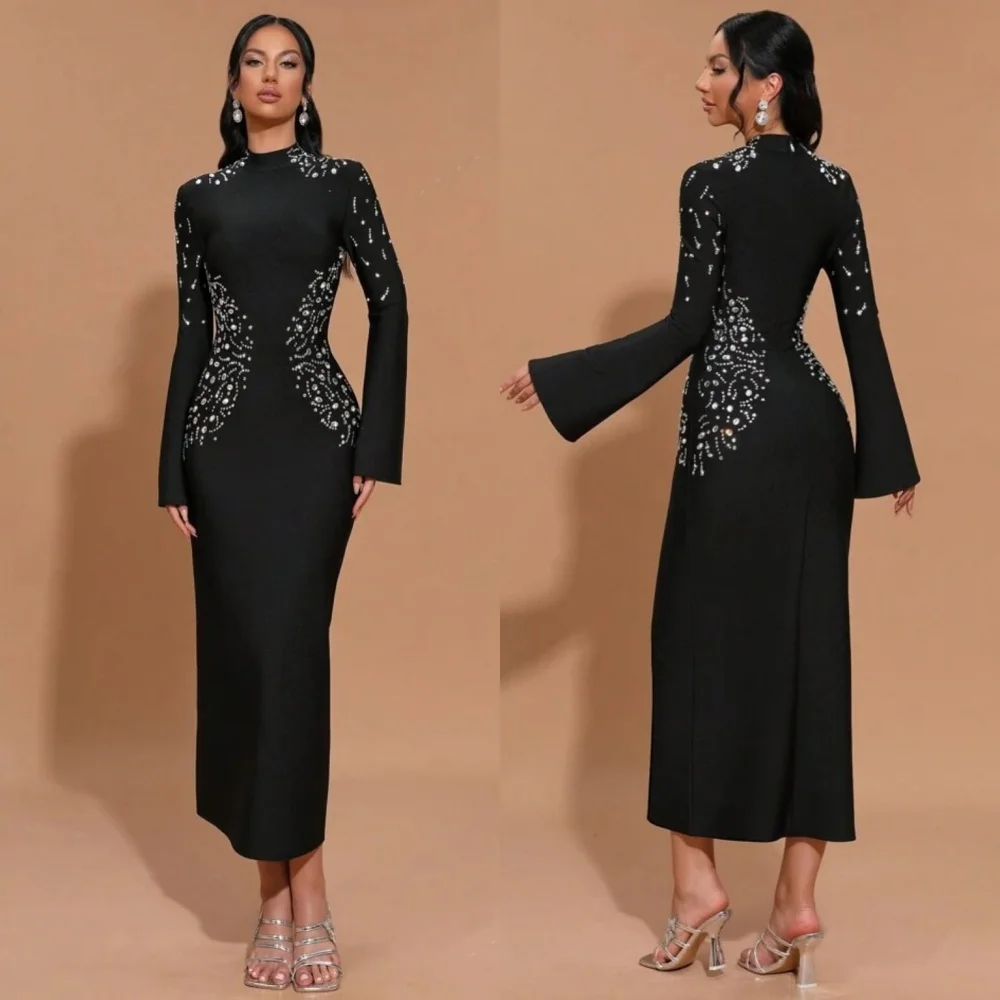 

Индивидуальные платья-футляры-миди из джерси со стразами и высоким воротником на заказ, классические изысканные вечерние вечерние платья на заказ