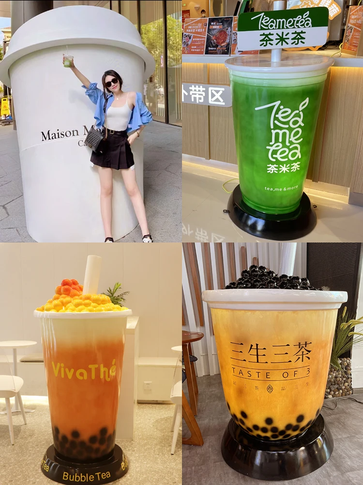 Milk tea cup coffee cup model glass steel sculpture milk tea coffee shop door opening decorative floor decoration