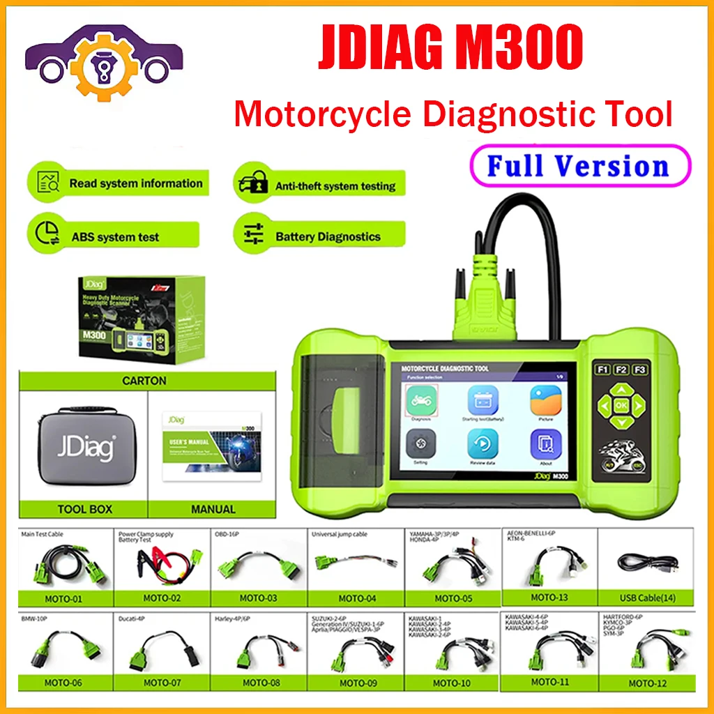 JDiag M300 Full OBD2 Diagnostic Scanner Tools Clear Fault Code Print Heavy Duty Motorcycle for Honda Yamaha with Adapter Cable