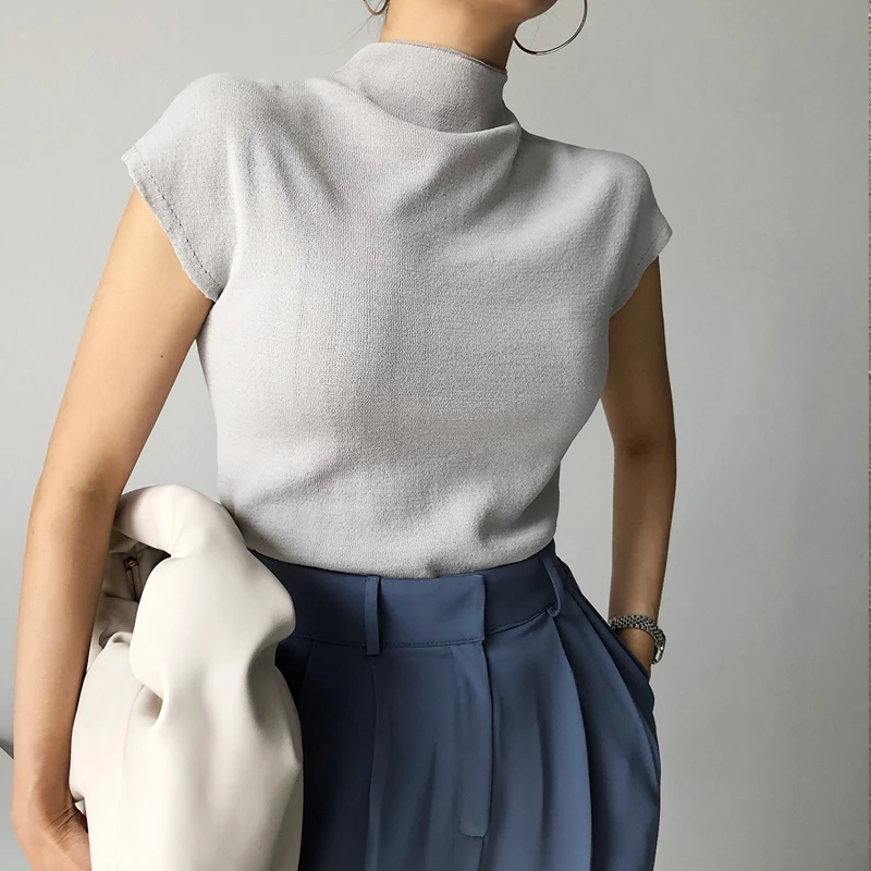 

Retro f High Collar Women's Knitted Top Slim Fit Summer Thin ort Sve Faionable Korean Sle Color Commute Wind