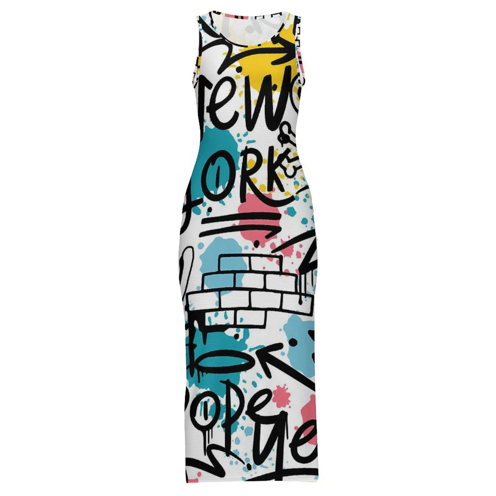 グラフィティプリントノースリーブニューヨークストリートスタイルマキシ丈ワンピース クラブセクシーボディコンワンピース レディースカスタムオーバーサイズ服
