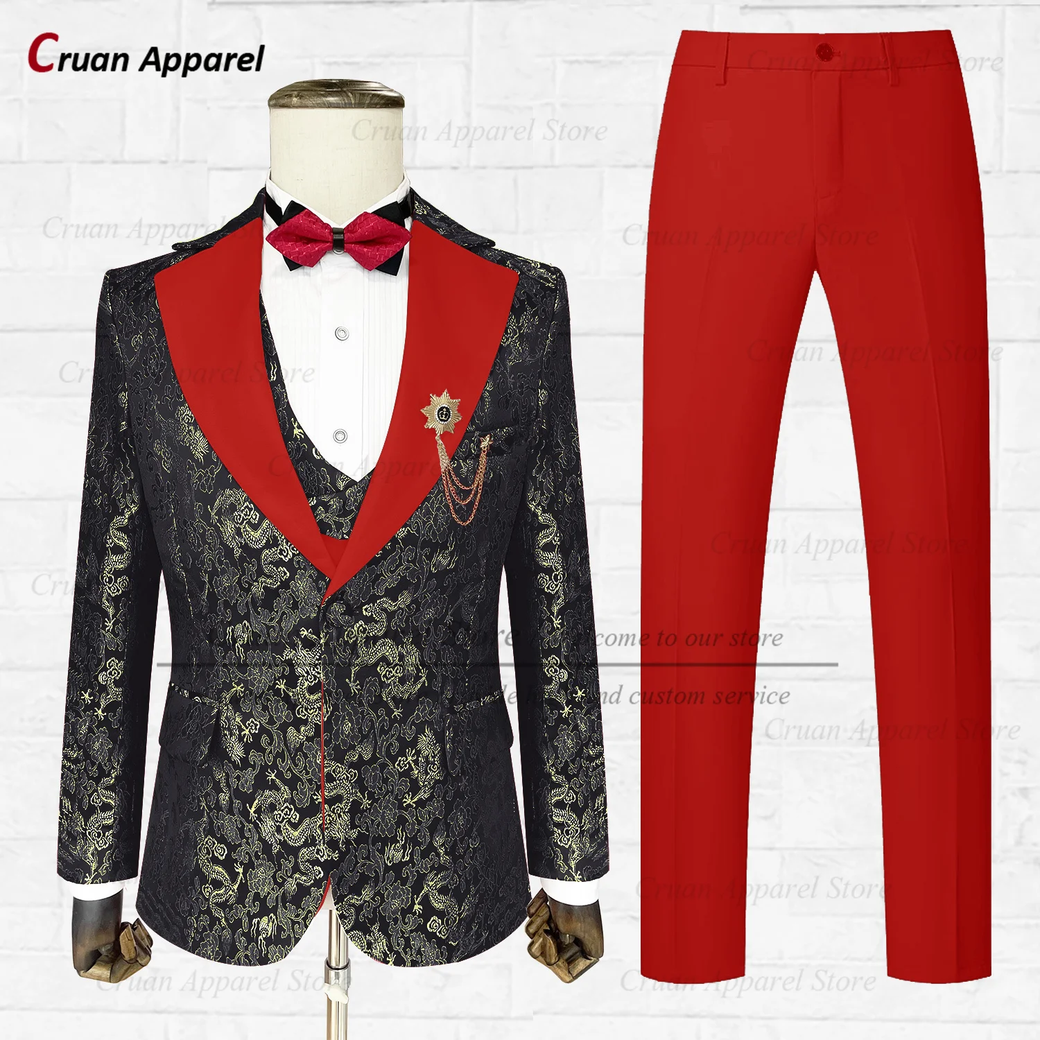 

New Men Suit Sets Wedding Party Groomsman Elegant Jacquard Outfits Fashion Banquet Tailored Red Lapel Blazer Vest Pants 3-Pcs